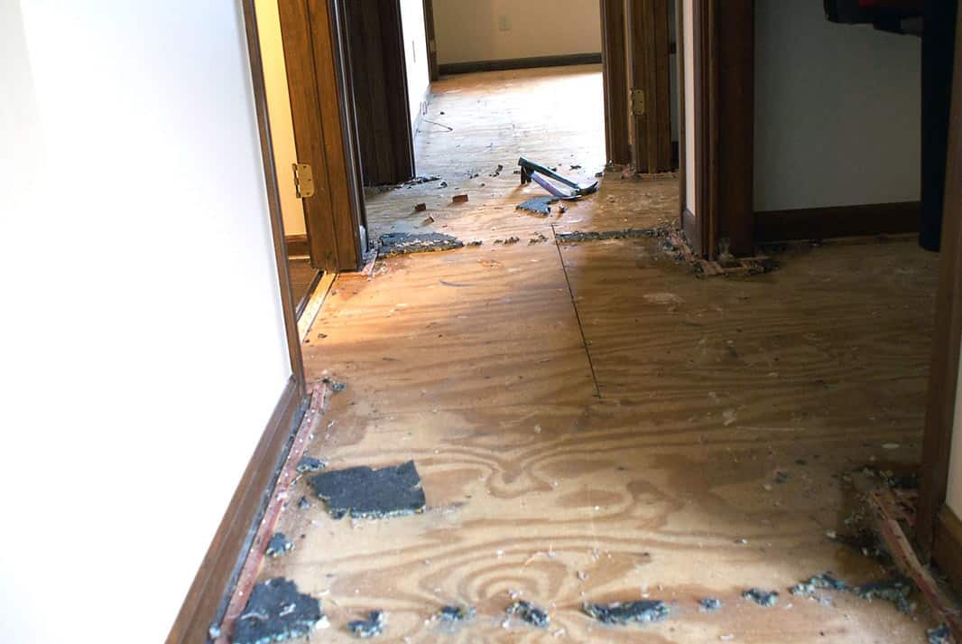 Torn-up subfloor with old carpet remnants before installation